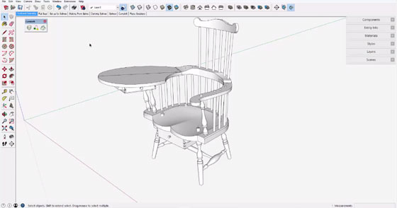 How sketchup is utilized to create the sculptured seat of a Windsor Writing Arm Chair