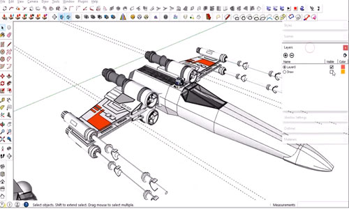 How to develop the model of a X-Wing Fighter Plane with sketchup